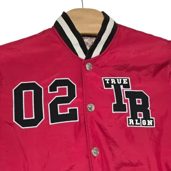 True Religion Bomber Snap Button Varsity Jacket Black Red Size Medium EUC - Picture 4 of 11